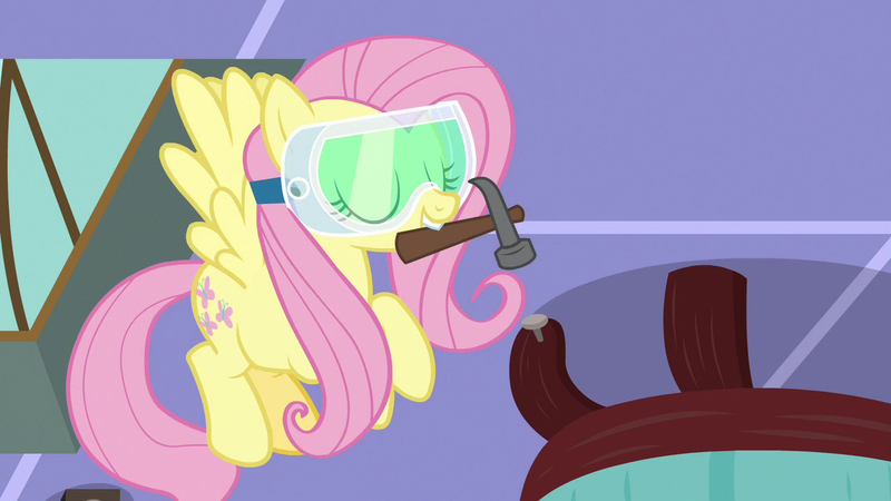 Size: 1280x720 | Tagged: safe, derpibooru import, screencap, fluttershy, pegasus, pony, discordant harmony, eyes closed, flying, goggles, hammer, mouth hold, nail, safety goggles, solo