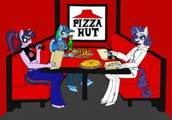 Size: 2379x1665 | Tagged: safe, artist:supra80, derpibooru import, rainbow dash, rarity, sci-twi, twilight sparkle, anthro, pegasus, unguligrade anthro, unicorn, equestria girls, alternate costumes, belt, blushing, booth, clothes, design, dress, drinking, eating, food, glasses, hat, hoodie, jeans, jersey, meat, mountain dew, open mouth, pants, pepperoni, pepperoni pizza, pepsi, pizza, pizza hut, pointing, ponytail, product placement, restaurant, sheet, simple background, sitting, sketch, smiling, soda, straw, tanktop, trio
