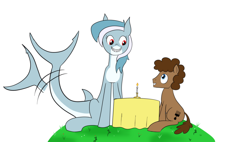 Size: 1826x1121 | Tagged: safe, artist:feralroku, derpibooru import, oc, oc:dexamene, oc:strong runner, unofficial characters only, original species, pony, shark pony, candle, date, nereid, sharp teeth, simple background, sitting, smiling, table, tail wag, teeth, transparent background