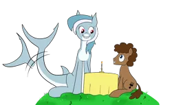 Size: 1826x1121 | Tagged: safe, artist:feralroku, derpibooru import, oc, oc:dexamene, oc:strong runner, unofficial characters only, original species, pony, shark pony, candle, date, nereid, sharp teeth, simple background, sitting, smiling, table, tail wag, teeth, transparent background