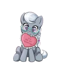 Size: 612x792 | Tagged: safe, artist:autumn rush, derpibooru import, silver spoon, earth pony, pony, braid, cute, female, filly, glasses, heart, holiday, looking at you, mouth hold, silverbetes, simple background, solo, transparent background, valentine's day