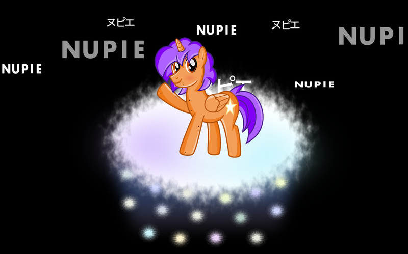 Size: 3699x2305 | Tagged: alicorn, alicorn oc, anime, anime reference in the description, artist:nupiethehero, black background, derpibooru import, digimon, digimon adventure, digimon adventure 01, japanese, oc, oc:nupie, ponysona, safe, simple background, text