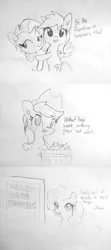 Size: 1920x4320 | Tagged: safe, artist:tjpones, derpibooru import, applejack, pinkie pie, rainbow dash, rarity, earth pony, pegasus, pony, unicorn, apple, basket, bust, crate, dialogue, ear fluff, female, food, grayscale, hug, lineart, mare, monochrome, motivational, positive ponies, traditional art