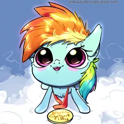 Size: 3000x3000 | Tagged: safe, artist:itsalwayspony, derpibooru import, rainbow dash, pegasus, pony, big eyes, blushing, cloud, cute, dashabetes, female, filly, filly rainbow dash, itsalwayspony is trying to murder us, looking up, medal, missing teeth, sky, solo, younger