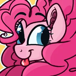 Size: 1500x1500 | Tagged: safe, artist:binkyt11, derpibooru import, pinkie pie, earth pony, pony, :p, :t, bust, cute, ear fluff, female, fluffy mane, impossibly large mane, looking at you, looking back, mare, medibang paint, pixel art, ponk, silly, silly pony, simple background, smiling, solo, tongue out, yellow background