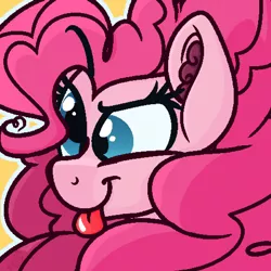 Size: 1500x1500 | Tagged: safe, alternate version, artist:binkyt11, derpibooru import, pinkie pie, earth pony, pony, :p, :t, bust, cross-eyed, cute, derp, ear fluff, faic, female, fluffy mane, impossibly large mane, looking back, mare, medibang paint, pixel art, ponk, silly, silly pony, simple background, smiling, solo, tongue out, yellow background