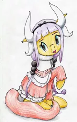 Size: 1915x3016 | Tagged: safe, artist:40kponyguy, derpibooru import, fluttershy, pegasus, pony, clothes, cosplay, costume, crossover, cute, female, head tilt, horns, kanna kamui, looking at you, mare, miss kobayashi's dragon maid, pigtails, raised hoof, simple background, solo, traditional art, twintails, white background
