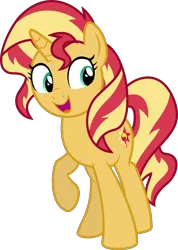 Size: 2586x3630 | Tagged: safe, artist:keronianniroro, derpibooru import, sunset shimmer, pony, unicorn, excited, female, mare, open mouth, raised hoof, redone, simple background, smiling, solo, transparent background