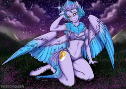Size: 2480x1748 | Tagged: anthro, anthro oc, armpits, artist:theecchiqueen, bikini, breasts, clothes, commission, derpibooru import, female, kneeling, mare, mountain, neck fluff, night, oc, oc:empyrea, pegasus, smiling, solo, solo female, starry night, stars, suggestive, swimsuit, unguligrade anthro, unofficial characters only, ych result