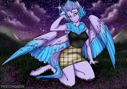 Size: 2480x1748 | Tagged: anthro, anthro oc, armpits, artist:theecchiqueen, beautiful, clothes, commission, derpibooru import, female, kneeling, legs, mare, mountain, neck fluff, night, oc, oc:empyrea, pegasus, plaid, plaid skirt, safe, skirt, smiling, solo, starry night, stars, thighs, unguligrade anthro, unofficial characters only, ych result