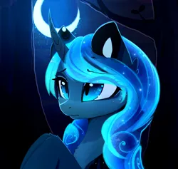 Size: 2924x2772 | Tagged: safe, artist:magnaluna, derpibooru import, princess luna, alicorn, pony, beautiful, bust, cheek fluff, chest fluff, cross-eyed, curved horn, cute, ethereal mane, eye clipping through hair, female, fluffy, frown, leg fluff, looking up, lunabetes, mare, moon, night, solo, starry eyes, starry mane, stars, wavy mouth, wingding eyes