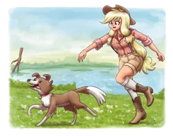 Size: 1615x1280 | Tagged: applejack, artist:king-kakapo, boots, clothes, cowboy hat, cute, derpibooru import, dog, female, freckles, grass, hat, human, human female, humanized, jackabetes, long socks, plaid shirt, safe, shoes, shorts, smiling, stetson, stick, suspenders, throwing, water, winona