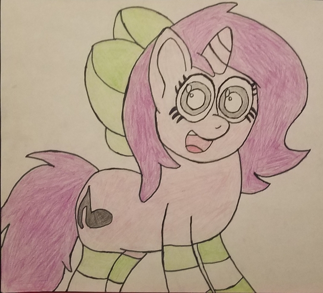 Size: 1937x1758 | Tagged: safe, artist:faintshadow, derpibooru import, oc, oc:mable syrup, unofficial characters only, unicorn, blind, bow, clothes, female, happy, socks, solo, striped socks, traditional art