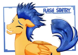 Size: 1600x1131 | Tagged: safe, artist:jotakaanimation, derpibooru import, flash sentry, pegasus, pony, looking at you, one eye closed, smiling, solo, wink