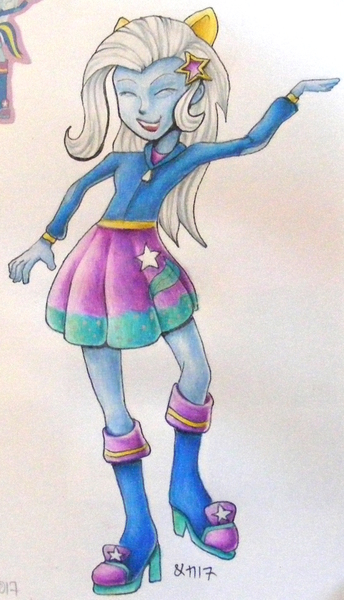 Size: 700x1221 | Tagged: safe, artist:andpie, derpibooru import, trixie, equestria girls, clothes, pony ears, solo, traditional art