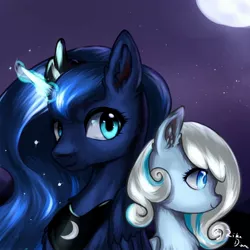 Size: 900x900 | Tagged: safe, artist:rikadiane, derpibooru import, princess luna, oc, oc:snowdrop, alicorn, pegasus, pony, horn, jewelry, magic, moon, night, regalia, stars, wings