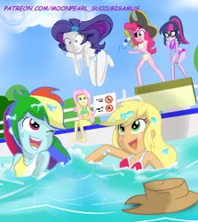 Size: 2200x2471 | Tagged: suggestive, artist:succubi samus, derpibooru import, applejack, fluttershy, pinkie pie, rainbow dash, rarity, sci-twi, twilight sparkle, equestria girls, accidental exposure, applejack's hat, assisted exposure, bikini, breasts, clothes, cowboy hat, diving board, embarrassed, embarrassed nude exposure, exposed breasts, eyepatch, falling, female, females only, funny, glasses, hat, humane five, humane six, looking up, nudity, one eye closed, open mouth, partial nudity, pirate hat, pool party, show accurate, signature, sitting, smiling, swimming pool, swimsuit, topless, wardrobe malfunction, wooden sword