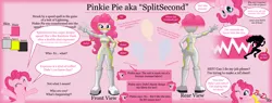 Size: 5800x2200 | Tagged: safe, artist:brodogz, derpibooru import, fili-second, pinkie pie, pony, equestria girls, equestrian city, fourth wall destruction, gotta go fast, high res, human ponidox, power ponies, reference sheet, self ponidox