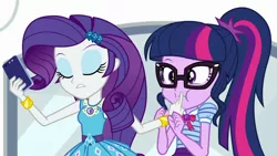 Size: 1280x720 | Tagged: safe, derpibooru import, screencap, rarity, sci-twi, twilight sparkle, equestria girls, equestria girls series, text support, text support: rarity, bracelet, duo, female, geode of shielding, geode of telekinesis, glasses, image, jewelry, magical geodes, mobile phone, pendant, phone, png, ponytail, smartphone