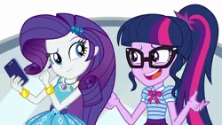 Size: 1280x720 | Tagged: safe, derpibooru import, screencap, rarity, sci-twi, twilight sparkle, equestria girls, equestria girls series, text support, text support: rarity, duo, female, geode of shielding, geode of telekinesis, glasses, magical geodes, mobile phone, phone, ponytail, raised eyebrow, shrug, smartphone