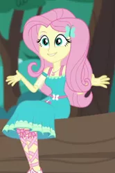 Size: 420x633 | Tagged: safe, derpibooru import, screencap, fluttershy, equestria girls, equestria girls series, text support, cropped, geode of fauna, magical geodes, sitting, solo, text support: fluttershy