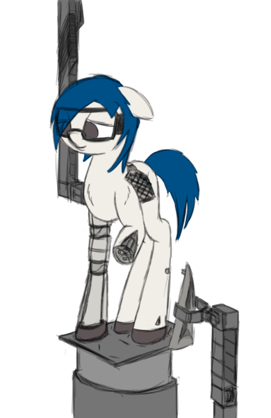 Size: 1403x2160 | Tagged: safe, artist:aquaholicsanonymous, derpibooru import, oc, oc:merlin, ponified, original species, pony, rocket pony, female, fixing, goggles, good end, gridfins, mare, rapid unscheduled disassembly, rapid unscheduled reassembly, recovery, repairing, robot arms, rocket, simple background, smiling, smiling sadly, solo, spacex, transparent background