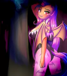 Size: 2649x3000 | Tagged: suggestive, artist:twistedscarlett60, derpibooru import, fluttershy, anthro, bat pony, adorasexy, ass, breasts, busty fluttershy, cleavage, clothes, cosplay, costume, cute, fangs, female, flutterbat, looking at you, looking back, looking back at you, mare, morrigan aensland, race swap, rear view, sexy, sideboob, solo, solo female, tree