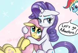 Size: 457x310 | Tagged: safe, artist:leffenkitty, derpibooru import, fluttershy, rainbow dash, rarity, pegasus, pony, unicorn, annoyed, dialogue, female, flarity, holding, horn, hug, lesbian, mare, scared, shipping, smiling, speech bubble, text, wings