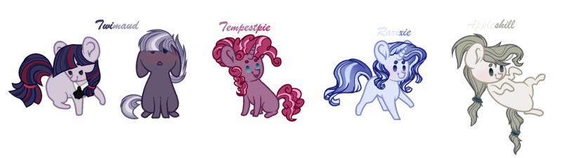Size: 2520x708 | Tagged: safe, artist:6-fingers-lover, derpibooru import, oc, unofficial characters only, earth pony, pony, unicorn, chibi, offspring, parent:applejack, parent:pinkie pie, parent:rarity, parent:silver shill, parent:tempest shadow, parent:trixie, parents:appleshill, parents:rarixie, parents:tempestpie, parents:twimaud, simple background, transparent background