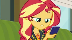 Size: 1280x720 | Tagged: safe, derpibooru import, screencap, sunset shimmer, equestria girls, equestria girls series, text support, geode of empathy, magical geodes, mobile phone, phone, smartphone, solo, text support: sunset shimmer