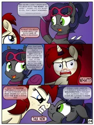 Size: 3000x4000 | Tagged: suggestive, artist:pananovich, derpibooru import, oc, oc:frostbite, oc:silver draw, bat pony, unicorn, comic:b.d.s.m., bat pony oc, comic, duo, duo female, female, freckles, horn ring, horngasm ring, ponytail, red background, simple background