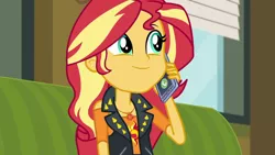 Size: 1280x720 | Tagged: safe, derpibooru import, screencap, sunset shimmer, equestria girls, equestria girls series, text support, cute, geode of empathy, magical geodes, mobile phone, phone, shimmerbetes, smartphone, solo, text support: sunset shimmer