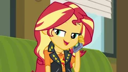 Size: 1280x720 | Tagged: safe, derpibooru import, screencap, sunset shimmer, equestria girls, equestria girls series, text support, geode of empathy, lidded eyes, magical geodes, mobile phone, phone, smartphone, smiling, solo, text support: sunset shimmer