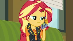 Size: 1280x720 | Tagged: safe, derpibooru import, screencap, sunset shimmer, equestria girls, equestria girls series, text support, geode of empathy, magical geodes, mobile phone, phone, smartphone, smiling, solo, text support: sunset shimmer