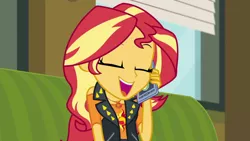 Size: 1280x720 | Tagged: safe, derpibooru import, screencap, sunset shimmer, equestria girls, equestria girls series, text support, cute, female, geode of empathy, happy, laughing, magical geodes, mobile phone, phone, shimmerbetes, smartphone, solo, text support: sunset shimmer