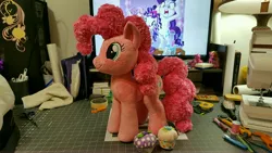 Size: 5312x2988 | Tagged: artist:neysanight, comb, computer, cupcake, derpibooru import, food, high res, irl, machine, photo, pinkie pie, plushie, rarity, safe, scissors, sewing, solo focus, sweetie belle, tape, toy, wip