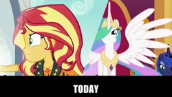 Size: 1920x1080 | Tagged: safe, derpibooru import, edit, edited edit, edited screencap, screencap, princess celestia, princess luna, sunset shimmer, alicorn, pony, equestria girls, equestria girls series, forgotten friendship, angry, caption, captions, cloud, countdown, crown, female, geode of empathy, it's happening, jewelry, meme, portal, princess, regalia, reunion, royal sisters, royalty, the prodigal sunset, throne, throne room