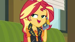 Size: 1280x720 | Tagged: safe, derpibooru import, screencap, sunset shimmer, equestria girls, equestria girls series, text support, geode of empathy, magical geodes, mobile phone, phone, smartphone, solo, talking, text support: sunset shimmer
