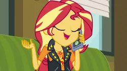 Size: 1280x720 | Tagged: safe, derpibooru import, screencap, sunset shimmer, equestria girls, equestria girls series, text support, geode of empathy, magical geodes, mobile phone, phone, smartphone, smiling, solo, talking, text support: sunset shimmer