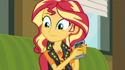 Size: 1280x720 | Tagged: safe, derpibooru import, screencap, sunset shimmer, equestria girls, equestria girls series, text support, cute, geode of empathy, magical geodes, shimmerbetes, smiling, solo, text support: sunset shimmer