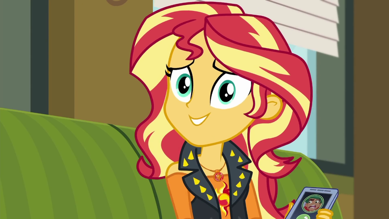 Size: 1280x720 | Tagged: safe, derpibooru import, screencap, sunset shimmer, equestria girls, equestria girls series, text support, cute, female, geode of empathy, magical geodes, mobile phone, phone, shimmerbetes, smartphone, solo, text support: sunset shimmer