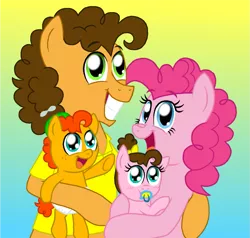 Size: 1251x1193 | Tagged: safe, artist:crazynutbob, derpibooru import, cheese sandwich, pinkie pie, oc, oc:fudge fondue, oc:pizza pockets, pony, baby, baby pony, bow, cheesepie, family, female, freckles, gradient background, grin, hair bow, hat, male, offspring, pacifier, parent:cheese sandwich, parent:pinkie pie, parents:cheesepie, propeller hat, shipping, smiling, straight, twins