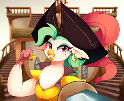 Size: 4404x3596 | Tagged: absurd resolution, anthro, artist:maren, beauty mark, bird, captain celaeno, clothes, derpibooru import, ear piercing, earring, hat, jewelry, looking at you, my little pony: the movie, piercing, pirate hat, safe, smiling, solo, sword, weapon