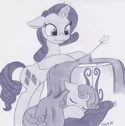 Size: 1000x1012 | Tagged: artist:foxxy-arts, derpibooru import, levitation, magic, monochrome, rarity, safe, sewing, sleeping, sweetie belle, telekinesis, traditional art