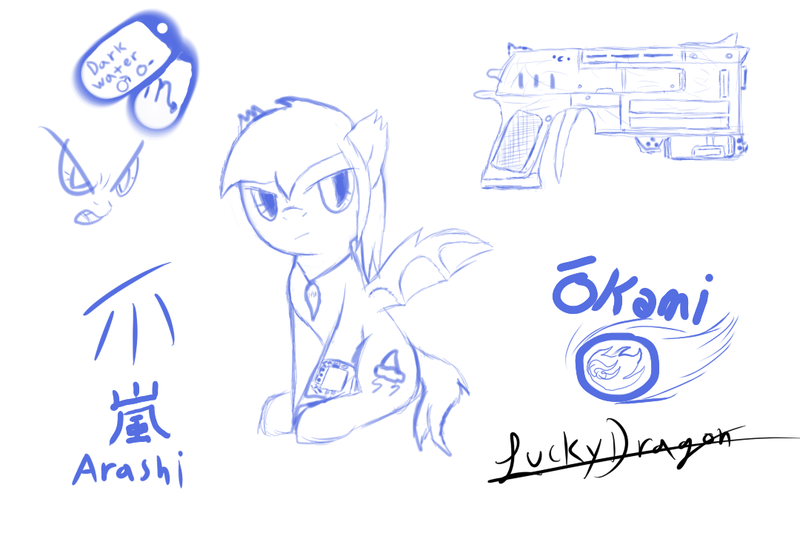Size: 1080x720 | Tagged: safe, artist:lucky dragon, derpibooru import, oc, oc:dark water, unofficial characters only, bat pony, fallout equestria, 10mm pistol, digital art, dog tags, gun, jewelry, kanji, male, male symbol, necklace, okami, pipbuck, sketch, sketch dump, solo, stallion, tinyface, weapon