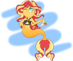 Size: 7929x6629 | Tagged: safe, artist:millennial dan, artist:sugar-loop, derpibooru import, part of a set, sunset shimmer, mermaid, equestria girls, my little pony: the movie, absurd resolution, belly button, chibi, clothes, element of magic, female, fins, mermaid tail, mermaidized, midriff, not fiery shimmer, one eye closed, seaponified, seapony sunset, simple background, solo, species swap, transparent background, wink