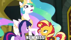 Size: 1920x1080 | Tagged: safe, derpibooru import, edit, edited screencap, screencap, princess celestia, sunset shimmer, twilight sparkle, twilight sparkle (alicorn), alicorn, pony, unicorn, equestria girls, equestria girls series, forgotten friendship, female, image macro, lesbian, meme, now kiss, raised hoof, reunion, saddle bag, shipping, sunsetsparkle, the prodigal sunset, trio, trollestia