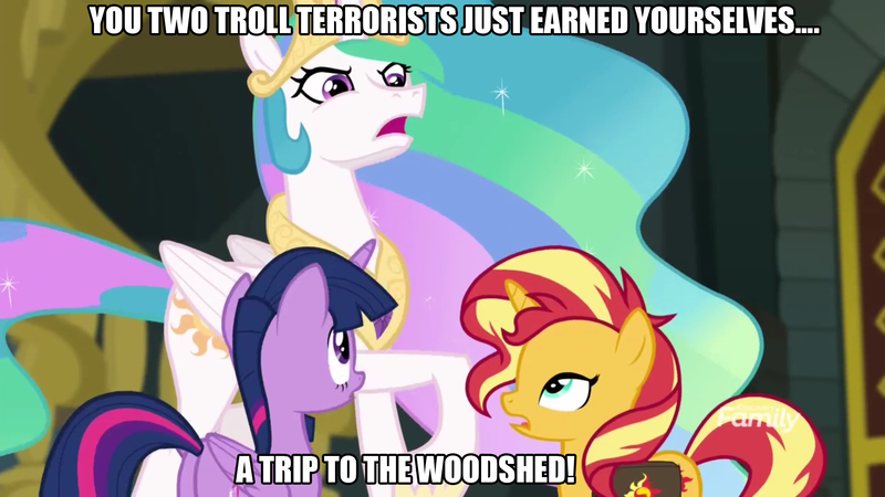 Size: 1920x1080 | Tagged: safe, derpibooru import, princess celestia, sunset shimmer, twilight sparkle, twilight sparkle (alicorn), alicorn, pony, unicorn, equestria girls, equestria girls series, forgotten friendship, daimando is going to hell, image macro, imminent spanking, meme, reunion, saddle bag, the man they call ghost, the prodigal sunset, trio, true capitalist radio, woodshed