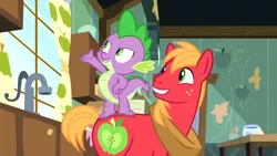 Size: 1920x1080 | Tagged: safe, derpibooru import, screencap, big macintosh, spike, dragon, earth pony, pony, season 8, the break up breakdown, spoiler:s08, dragons riding ponies, duo, male, riding, stallion