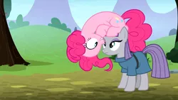 Size: 1920x1080 | Tagged: safe, derpibooru import, screencap, maud pie, pinkie pie, earth pony, pony, season 8, the maud couple, spoiler:s08, clothes, duo, female, sisters, sitting on head, youtube link